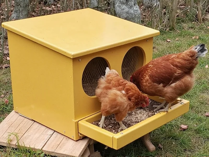 Finished PVC chicken feeder with chickens eating