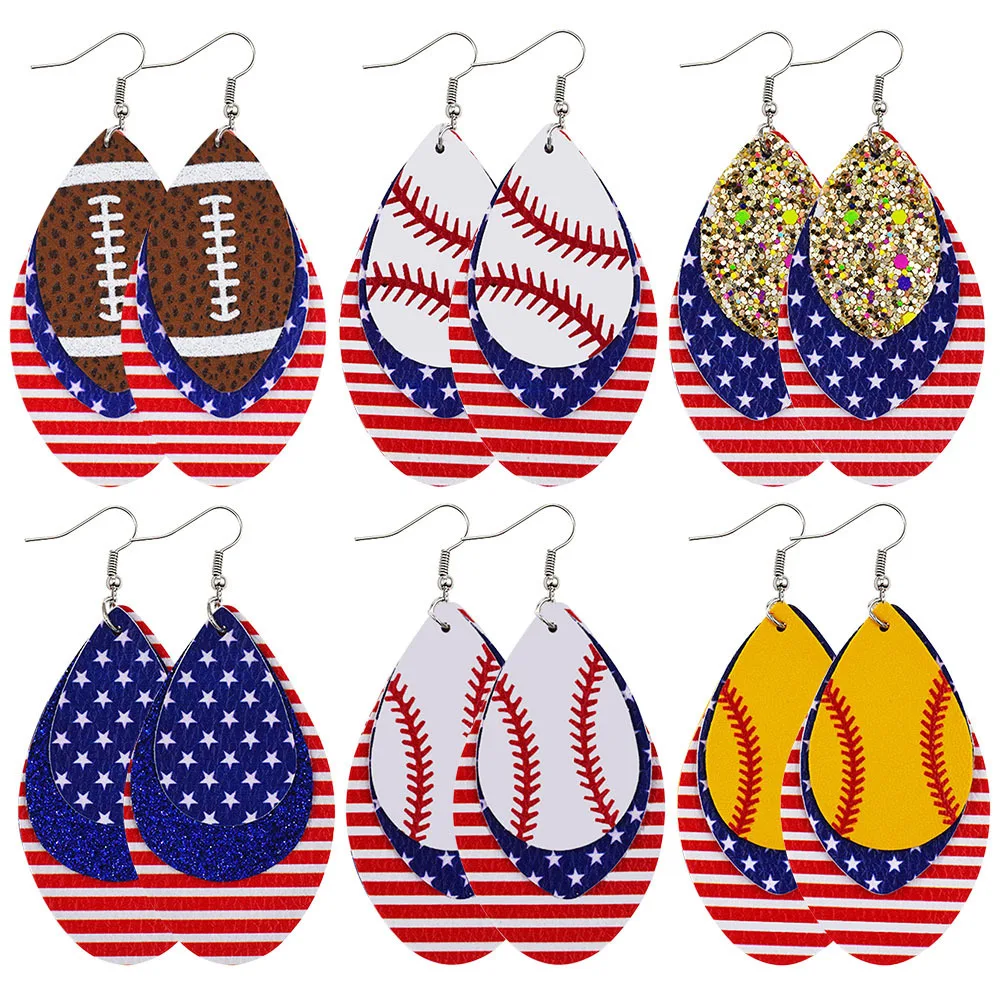 

Women Inspiring Western Oval Multi Layer U.s. Independence Day Flag Rugby Baseball Printing Pu Leather Minimalist Earrings, Colorful
