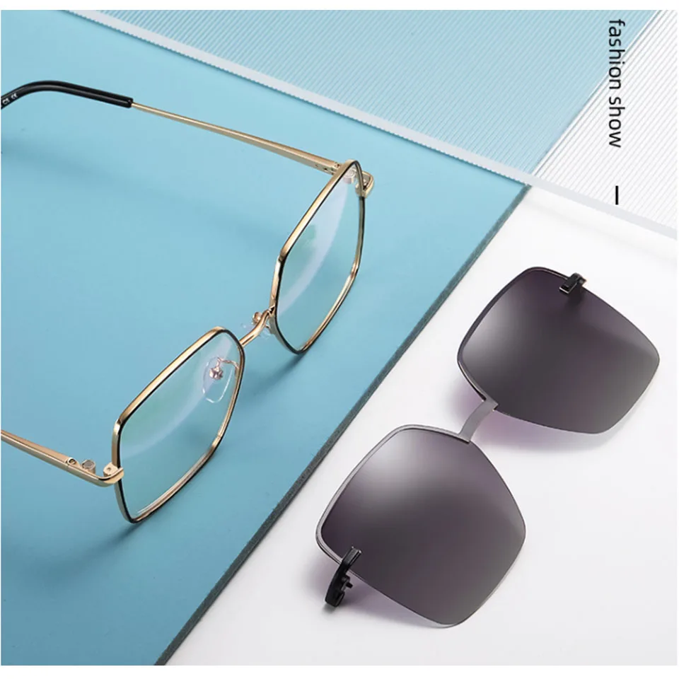 

95815 Oversize Fashion Metal Sunglasses men women square metal blue light blocking glasses 2 in 1 glasses frame, 6 colors