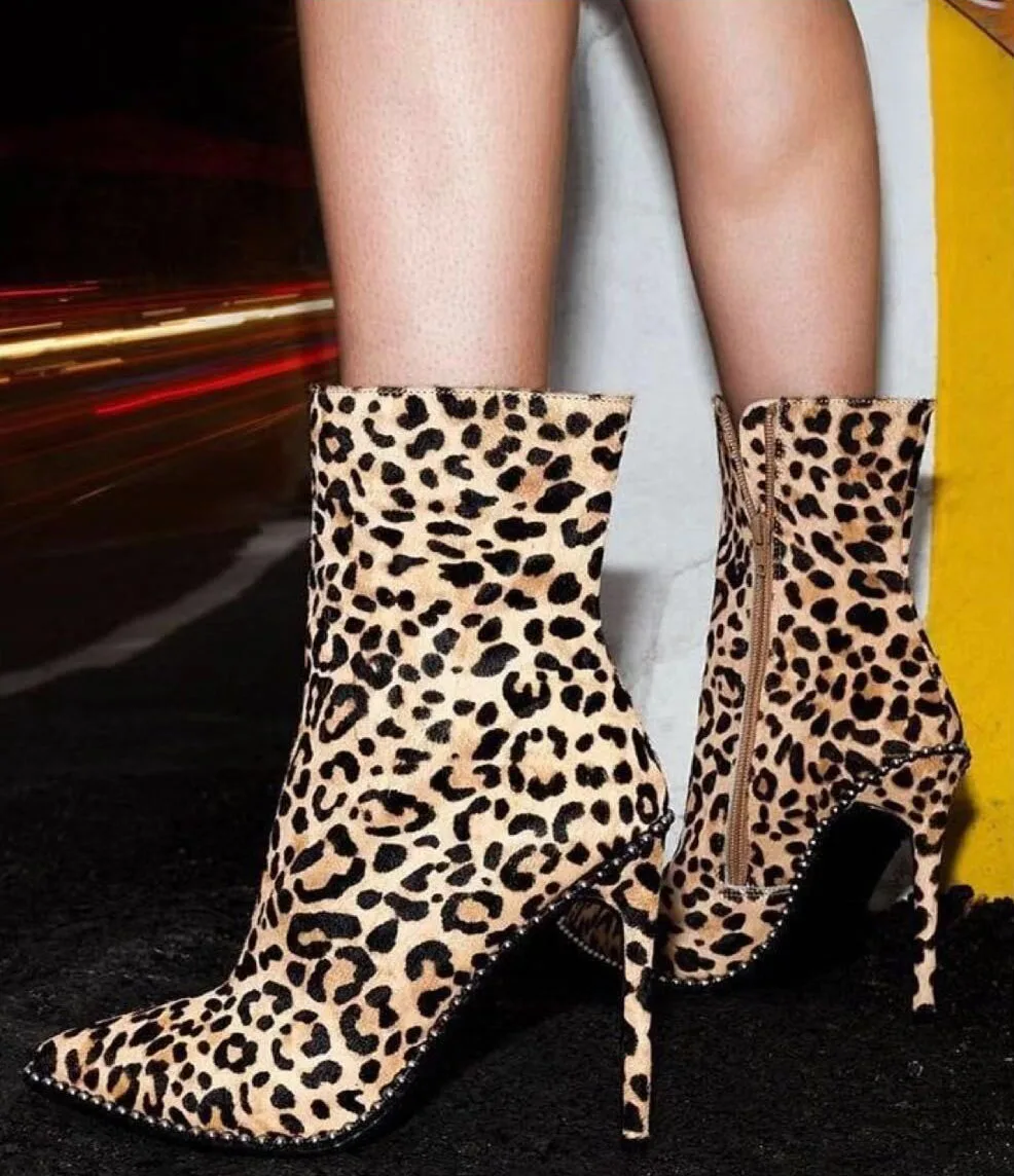 

Leopard print comfortable and versatile personality high-heeled nude ankle women boots winter