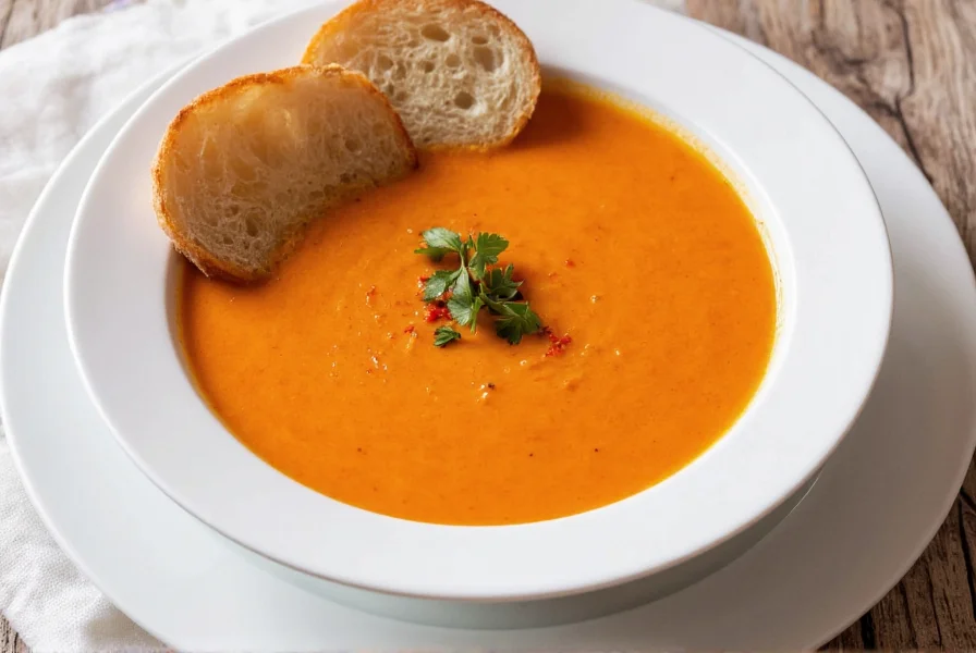 Finished red pepper and gouda soup served in white bowl with garnish and crusty bread