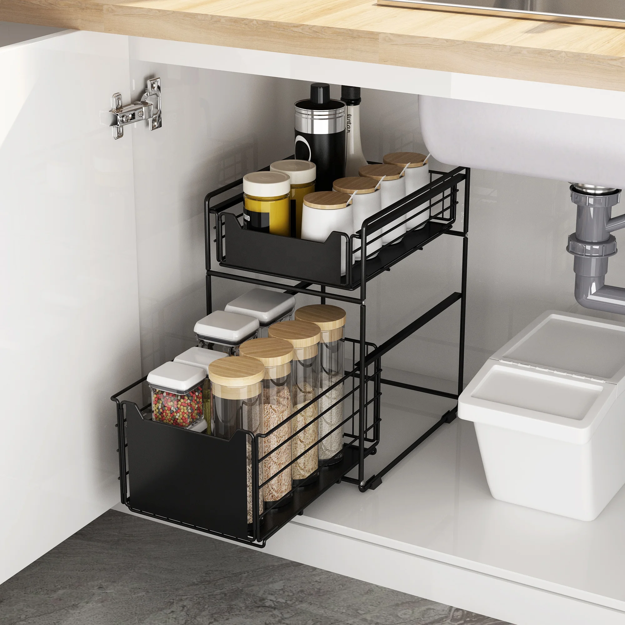 

2021 New upgrade Kitchen professional under sink multifunctional grid spice storage rack organizer bathroom storage shelves, White/ black