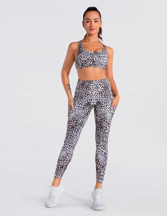 

2020 Luckpanther Leopard Women Athleisure High Waisted Yoga Leggings With Pocket And Sport Bras Set, White, black, grey, navy, all colors can do