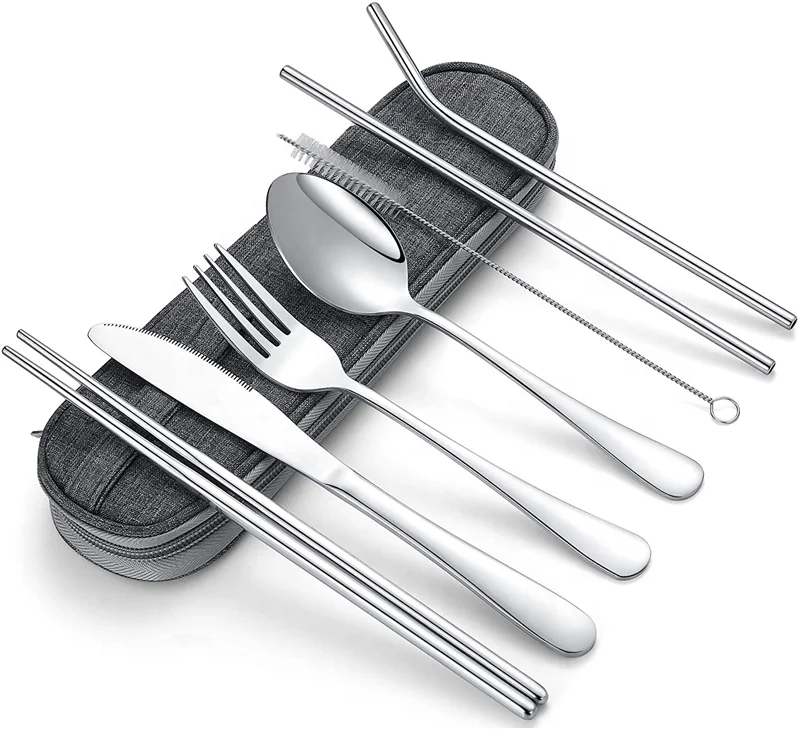 

reusable eco silver portugal camping travel black matt rose gold restaurant stainless steel gold cutlery set with straw