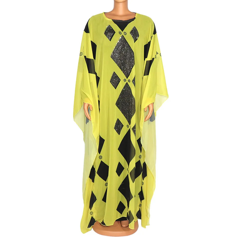 

LB037 new style african  classic design dresses women chiffon fabric printed muslim robe and loose long dress for women, Yellow