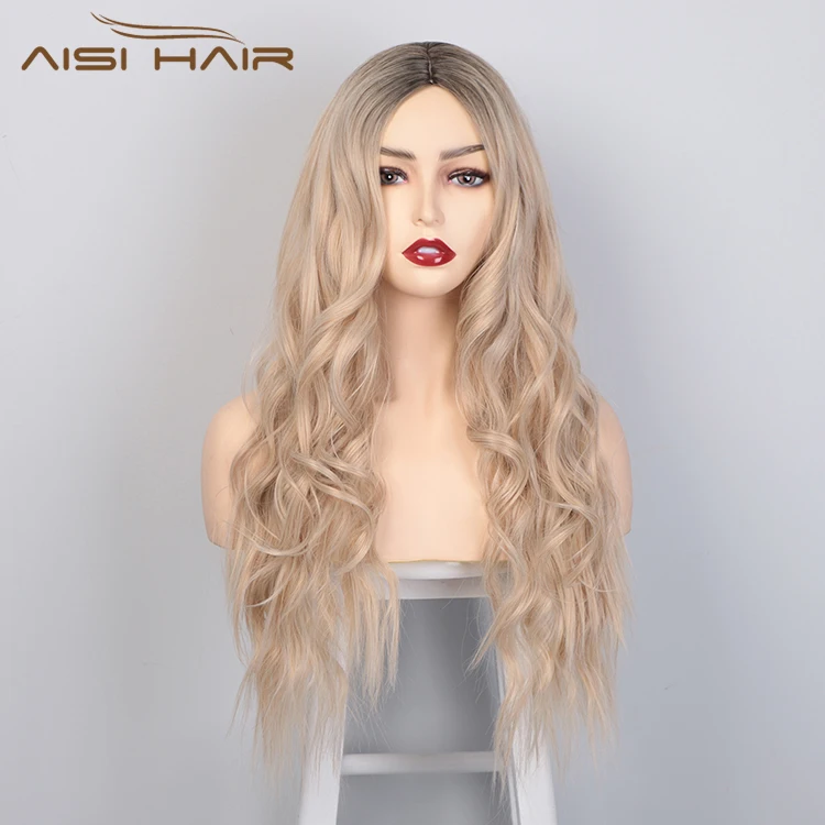 

Aisi Hair Hot Selling Popular Long Wavy Ombre Blonde Synthetic Wigs Cosplay Body Wave Curly Wave Synthetic Wigs For Black Women