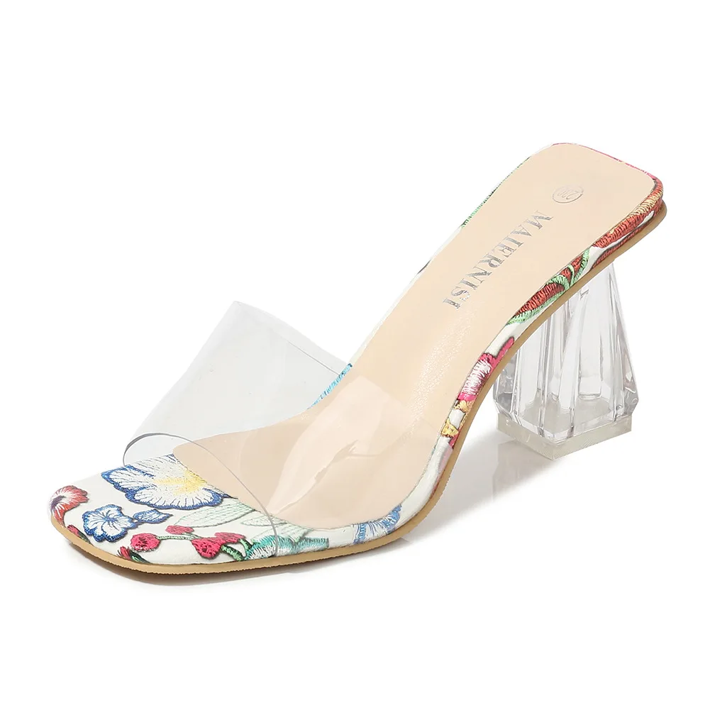 

Custom Logo Fashion Ladies Street Slippers Shaped Heel Square Head Flowers Open Toe Transparent Women Summer Slippers