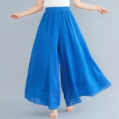 Wholesale Women's Wide Leg Loose Trousers Long Skirt Elastic Waist Linen Solid Color Swing Casual Long Pants