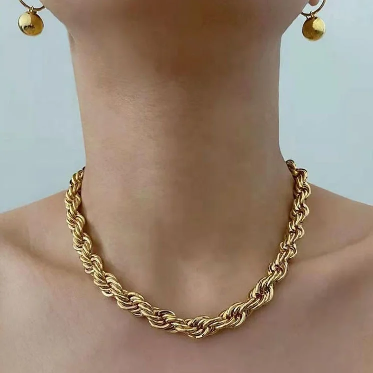 

New 8mm Thick Chunky Choker Chain Woman Jewelry 18K Gold Plated Stainless Steel Twisted Rope Link Chain Necklace Wholesale