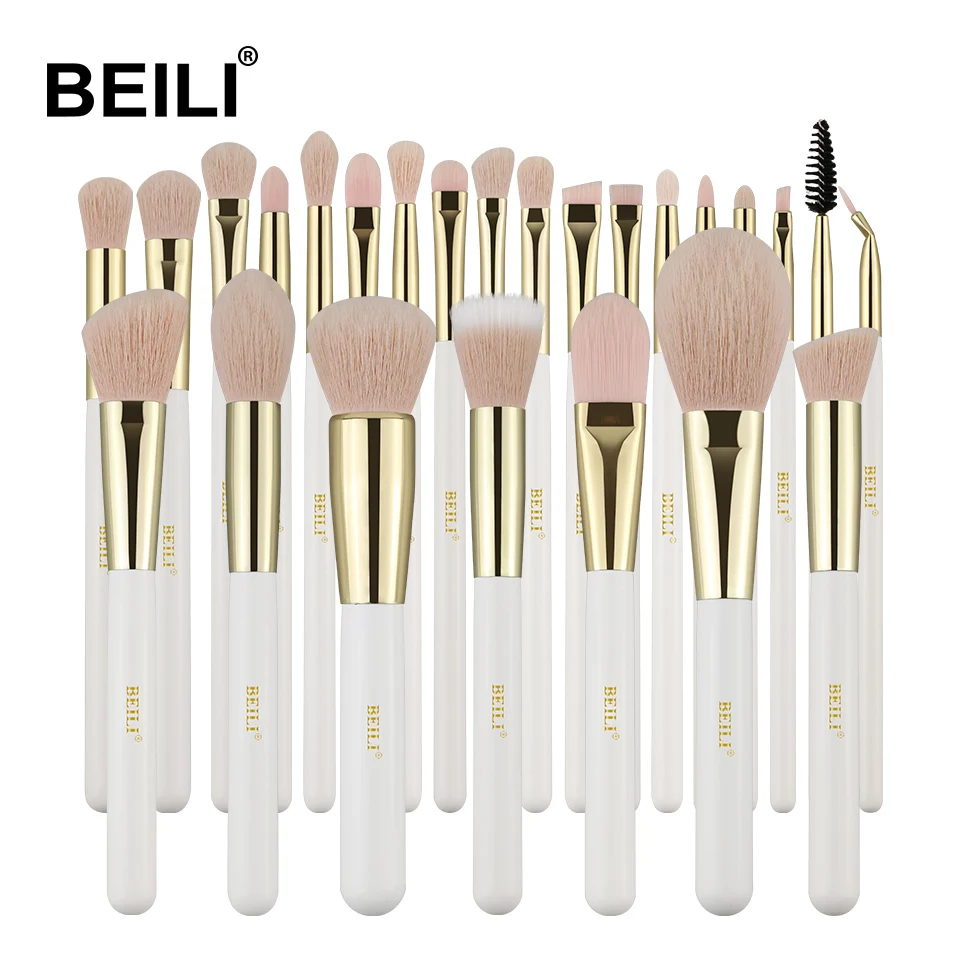 

Beili Professional Nano wool fiber cosmetic brush White handle Hot stamping 25 pcs makeup brush set, Pink