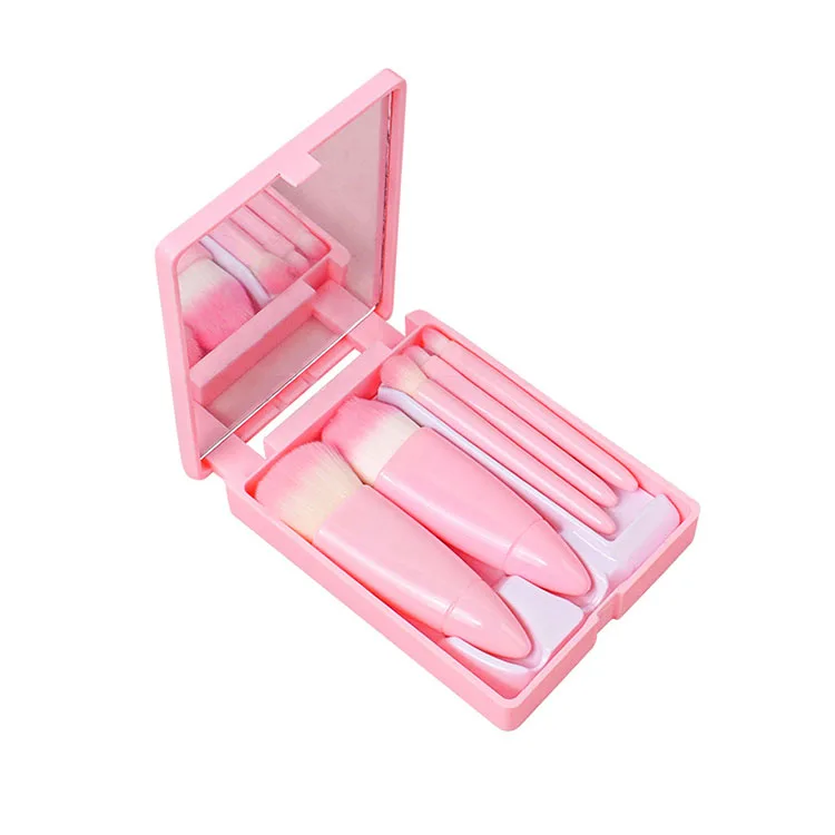 

Synthetic Hair Powder Foundation Beauty Tools Full Set Plastic Handle Cosmetic Tool Set 5pcs Travel Makeup Brush Set With Mirror