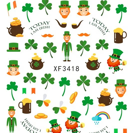 

Paso Sico Wholesale Ireland Happy Festival Nail Stickers Decoration Green Lucky Leaf 3D Nail Decals Adhesive Sticker