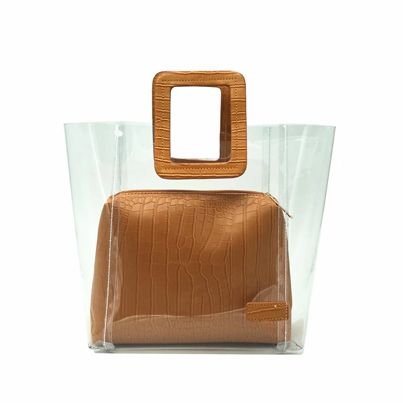 

new 2pcs large lady tote hand bag set handbag luxury private label clear pvc transparent women handbags