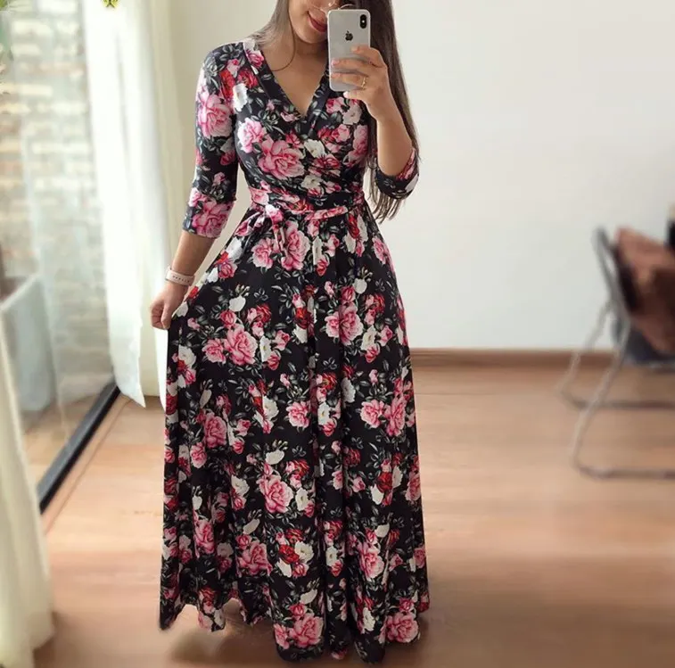 

OEM Custom Wholesale Stylish Hot Selling Women Fashion Plus Size V Neck Print Short Sleeve And Long Dresses, As pictures