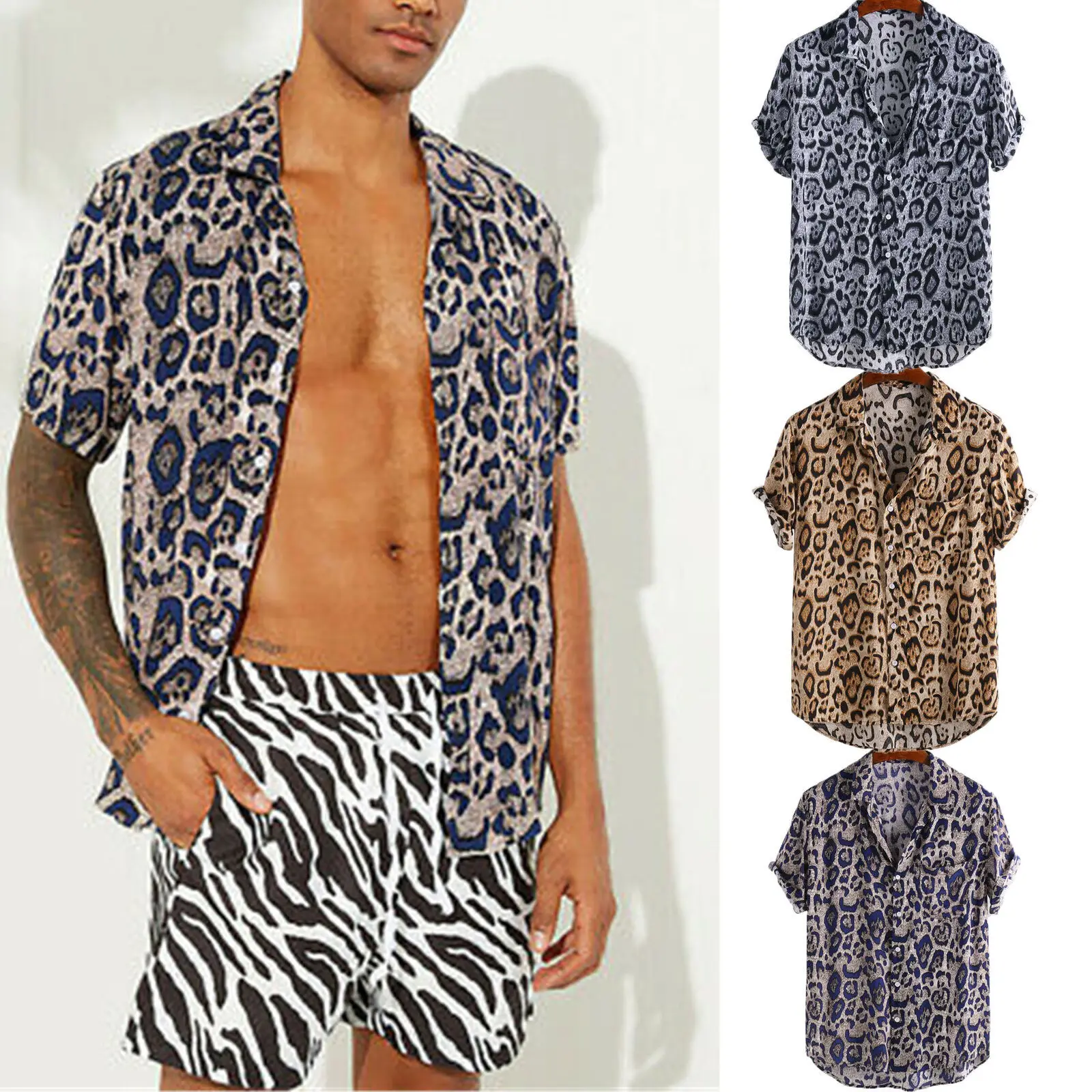 

Men's European and American Leopard Print Lapel Short Sleeve Comfortable Breathable Beach Shirt, Custom color