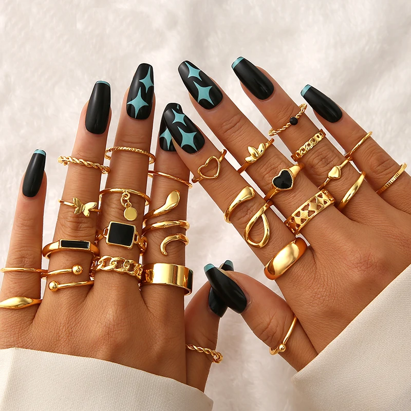 

Fashion Gold Moon Snake Ring Vintage Punk Black Heart Butterfly Rings Set For Women Accessories