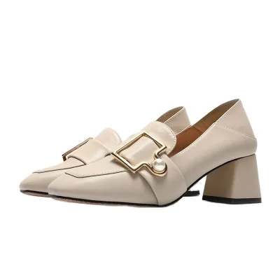 

2021 Fashion new pearl accessories Women high heel shoes high-end leather casual high heels thick heel Fashion shoes