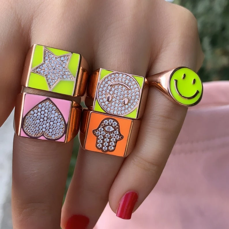 

New Lovely Colorful Smile Face Love Heart Star Hand Paved Cz Geometric Square Finger Rings for Women, Customized