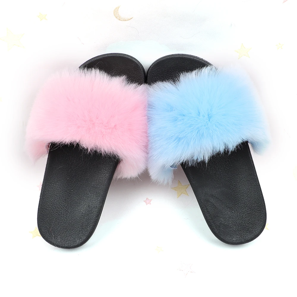 

Imitation rabbit fur children fluffy slippers colorful plush middle school boys and girls four seasons beach slippers for kids, Customized color