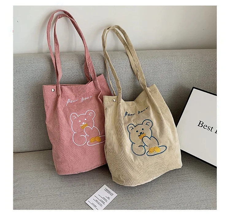 

Cute Tote Bag Female Cartoon Embroidery Shoulder Bag New Ins Handbag Corduroy Student Class Bag, Black, pink, khaki