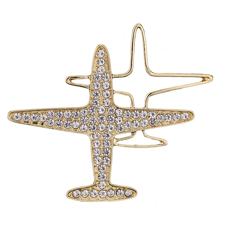 

Wholesale Promotional Souvenir Gift Jewelry Metal Zinc Alloy Crystal Rhinestone Airplane Plane Brooch Pin, Gold sliver