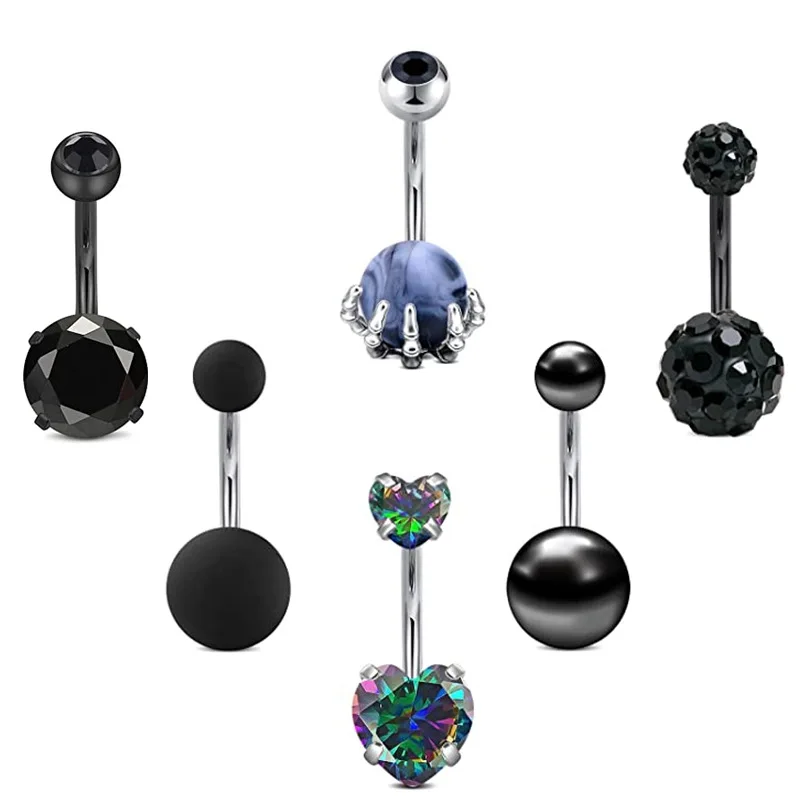 

14G Surgical Stainless Steel Belly Button Rings Peach Heart Black Cubic Zirconia Navel Barbell Stud Body Piercing Set, Silver;black