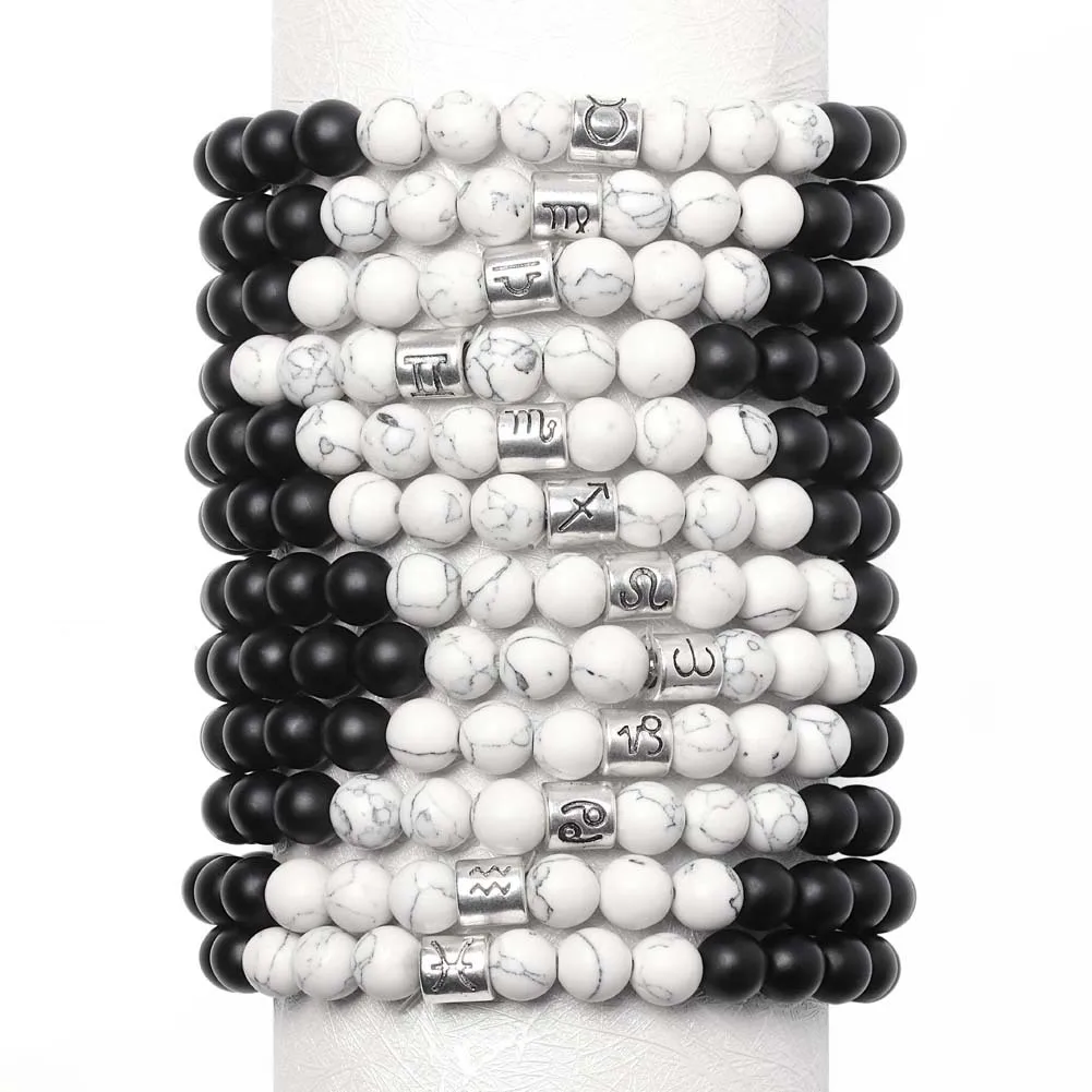 

12 Zodiac Signs 8MM Natural Lava Rock Stone Beads Bracelets White Howlite Bead Bracelet, As photo show