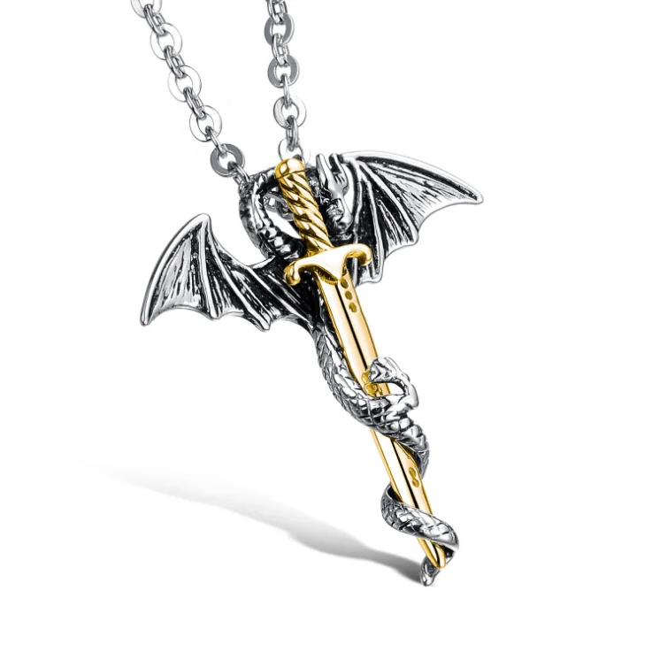 

Flying Dragon Pendant Punk Titanium Steel Dragon Sword Wing Pendants Boys Men Necklaces