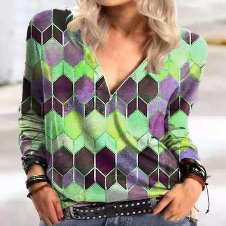 

Women Long Sleeve V Neck Geometric Print Blouse Vinrage Loose Shirt Spring Casual Pullover Ladies Elegant Tops Plus Size Blouse, Picture