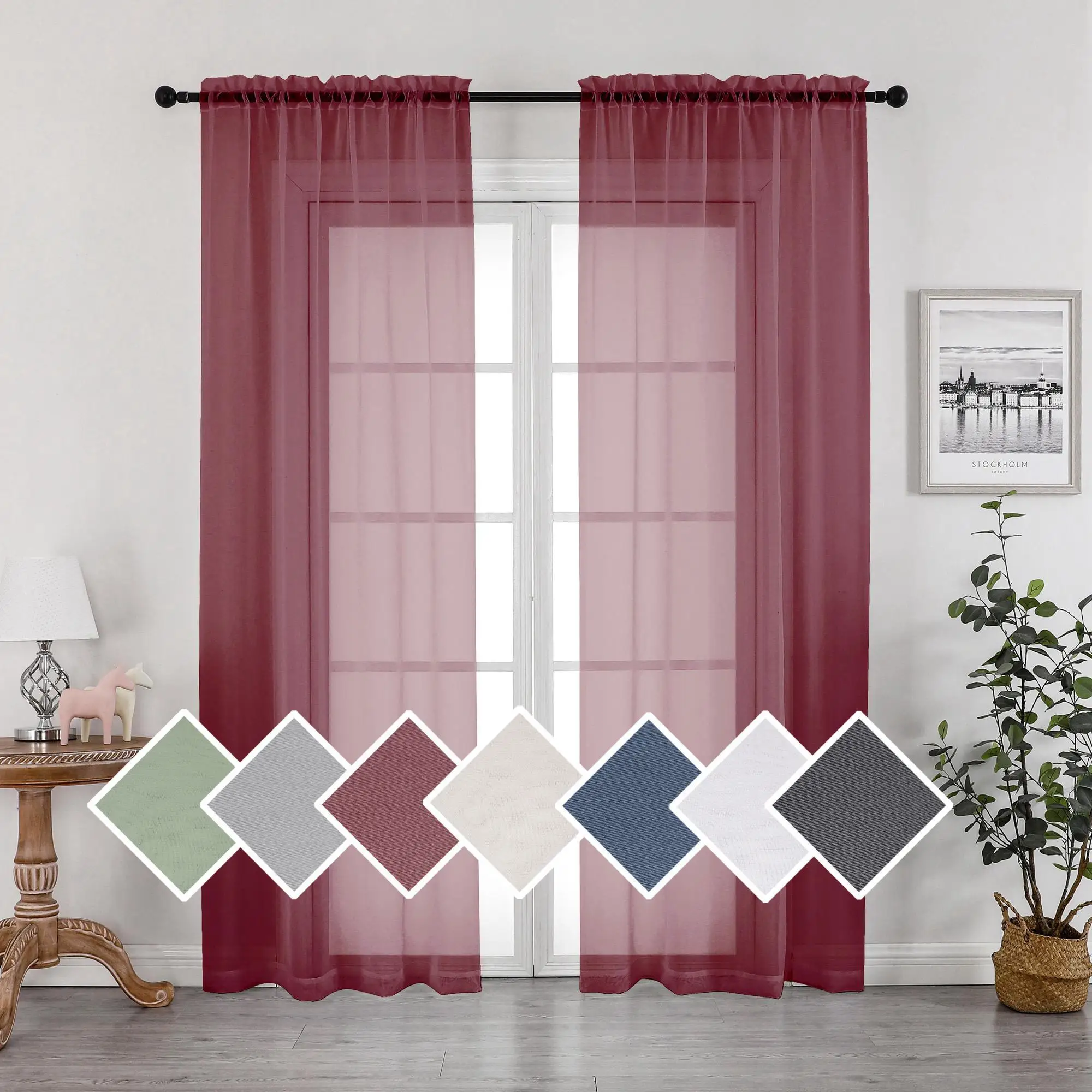 

Elegant Hot Selling Red Curtain Light OWENIE Burgundy Red Ready Made Sheer Voile Window Curtain Bedroom