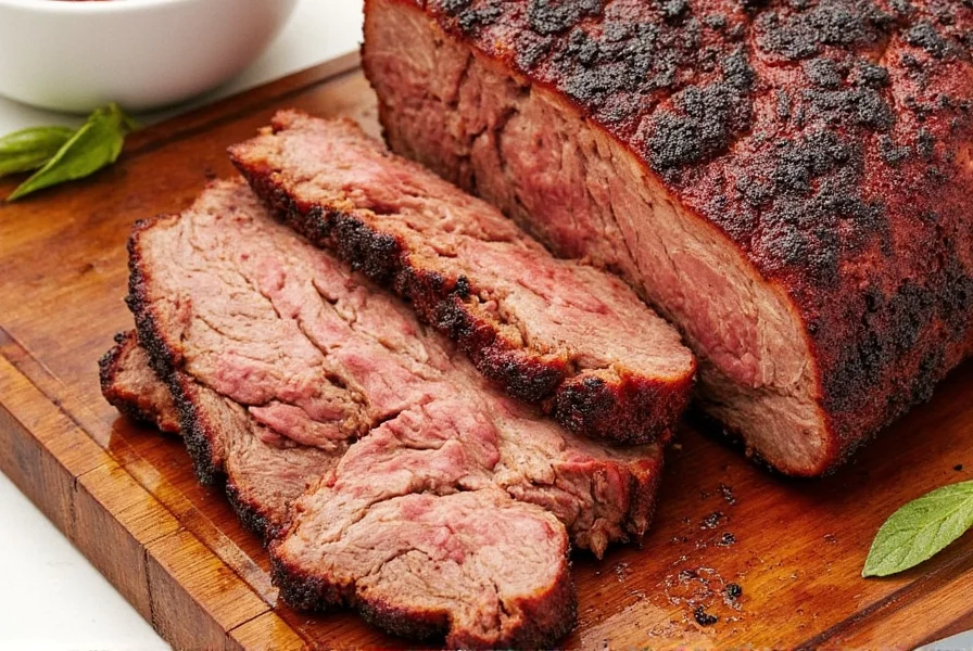 Sliced beef brisket served on plate