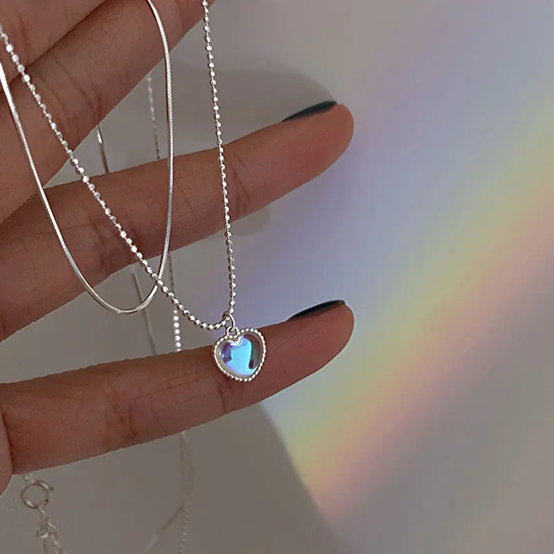 

Hainon 925 sterling silver love necklace female niche design moonstone double layered heart shaped clavicle chain