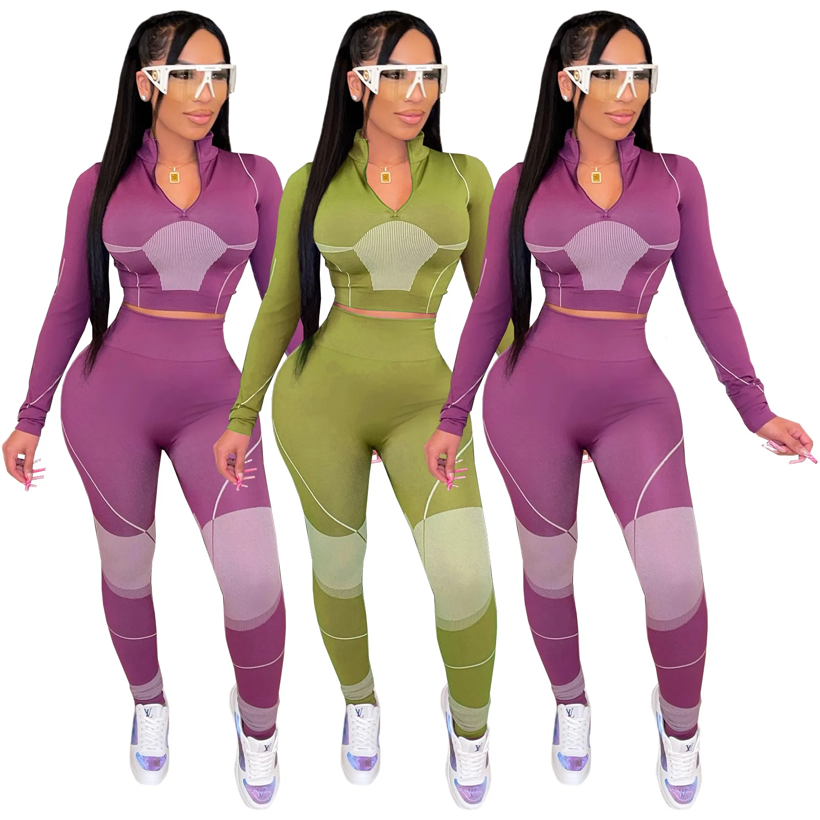 

ShiYu Fall 2021 Women Clothes Plus Size Different Color Patchwork Long Sleeve Fall Two Piece Pants Set for Women Fitness