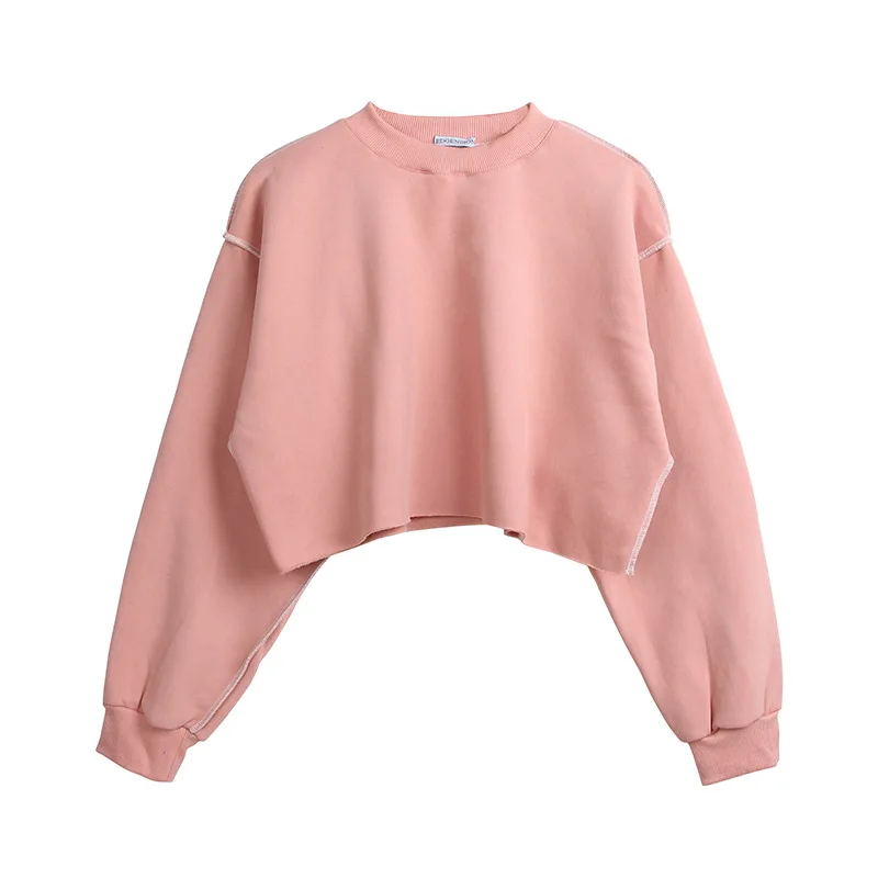 

New Stock Reverse Stitching Womens Loose Fit Printed Long Sleeve Crop Top Sexy Women Crew neck sweatshirt
