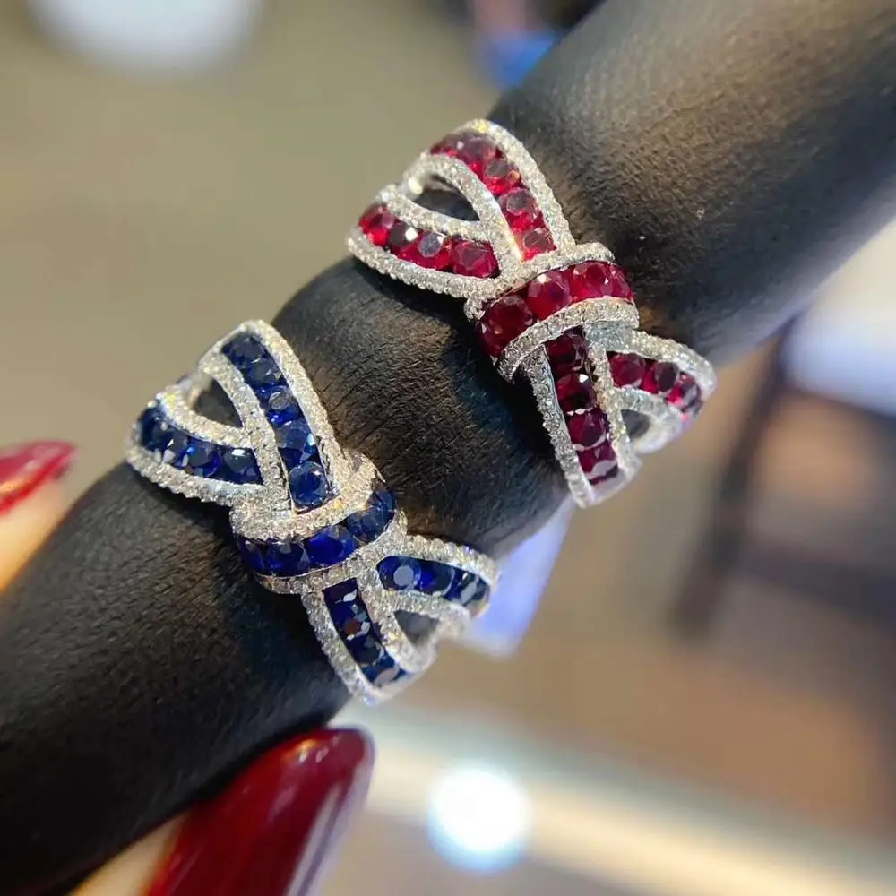 

New Arrival Women's Hiphop Accessories Luxury Knot Shaped Natural Ruby and Sapphire Jewelry 18K Pure Gold Diamond Ring, White color