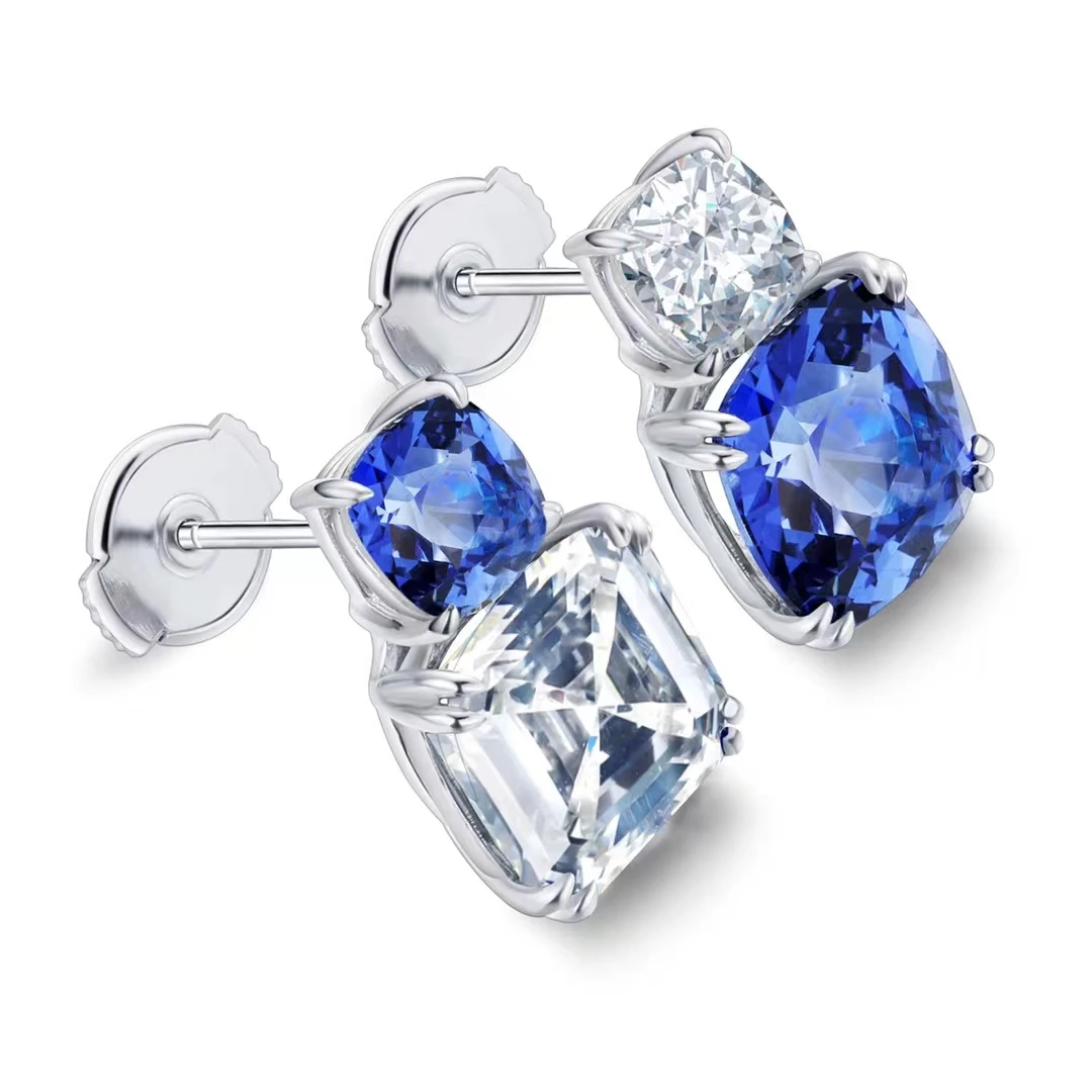 

Zhanhao 2022 earring for lady synthetic diamond 9k white gold jewelry lab grown sapphire new in stud earrings, White,blue