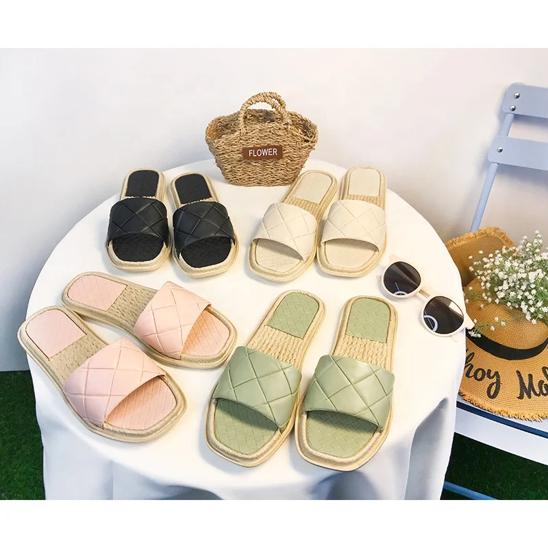 

Summer New Design Women Beach Slippers Woven Straw Rattan Sole Casual Fancy Lady Flat Bottom Sandals Square Toe Women Slippers, Nude yellow nude peach