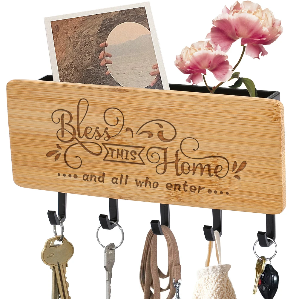 

Bamboo Wooden Key Hanger And Storage Home Pattern Decorative Key Hook Multifunctional Wall Hanging, Customized