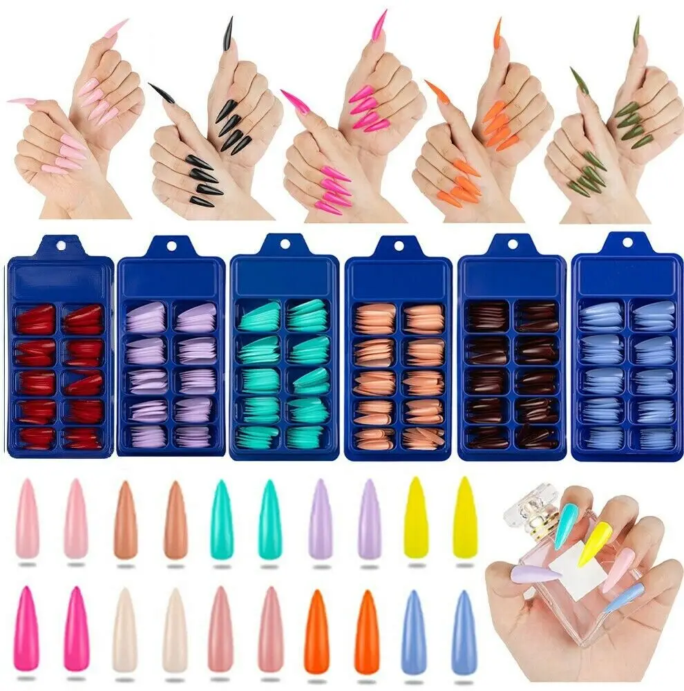 

100 Pcs Long Stiletto Press On Nails Packing Box Nails Supplies Salon Solid Color Artificial Fingernails DIY Nail Accessories