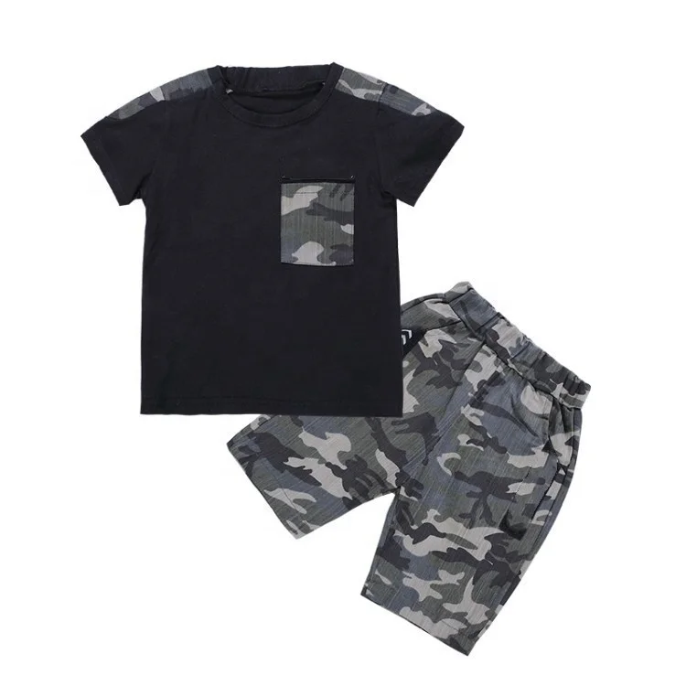 

B60769A 2019 boy's short-sleeved T-shirt camouflage pants suit boy's casual suit summer suit, White/black