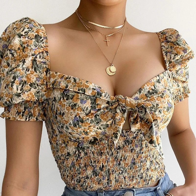 

Bohemian Retro Ditsy Floral Crop Top Shirred Blouse Puff Sleeve Fitted Vintage Blouses Wholesale Womens Summer Boutique Clothing