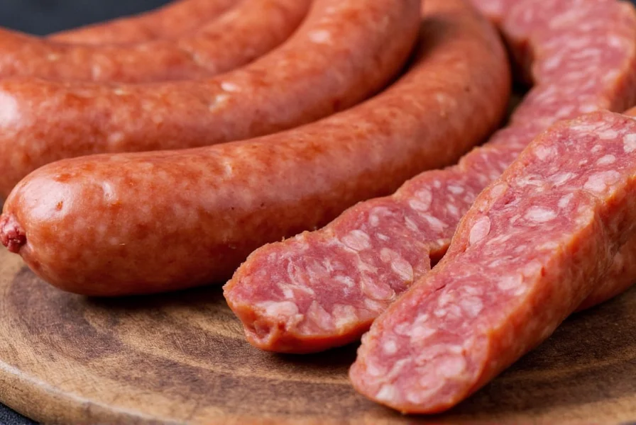 Sausage ingredients including meat, spices, and casings