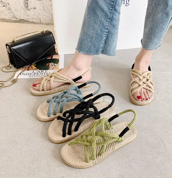 

2021 stylish comfortable hemp rope women sandals flat ladies slippers open toe straps women shoes