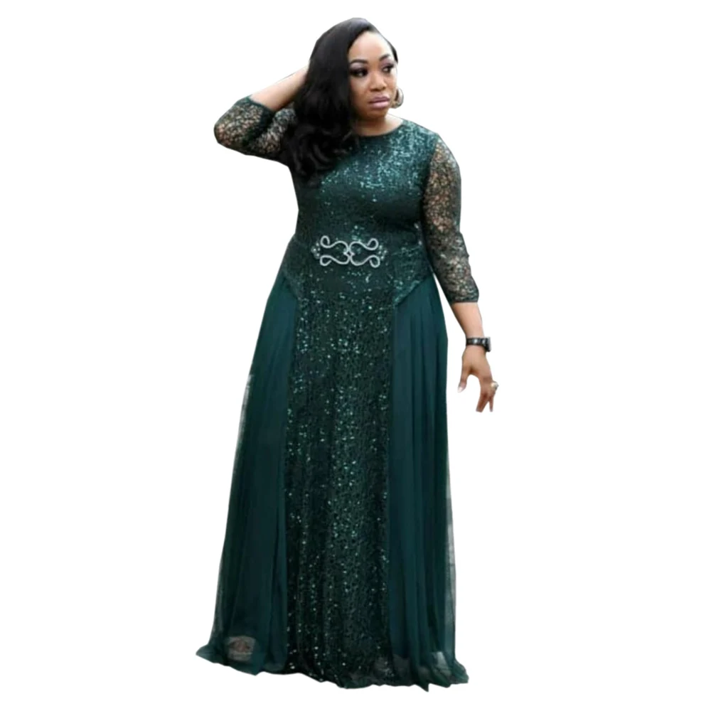 

Lace Sequin Round Neck Sleeve Daily Evening Party Dresses Africa Hot Women Wear Long Dress, As picture