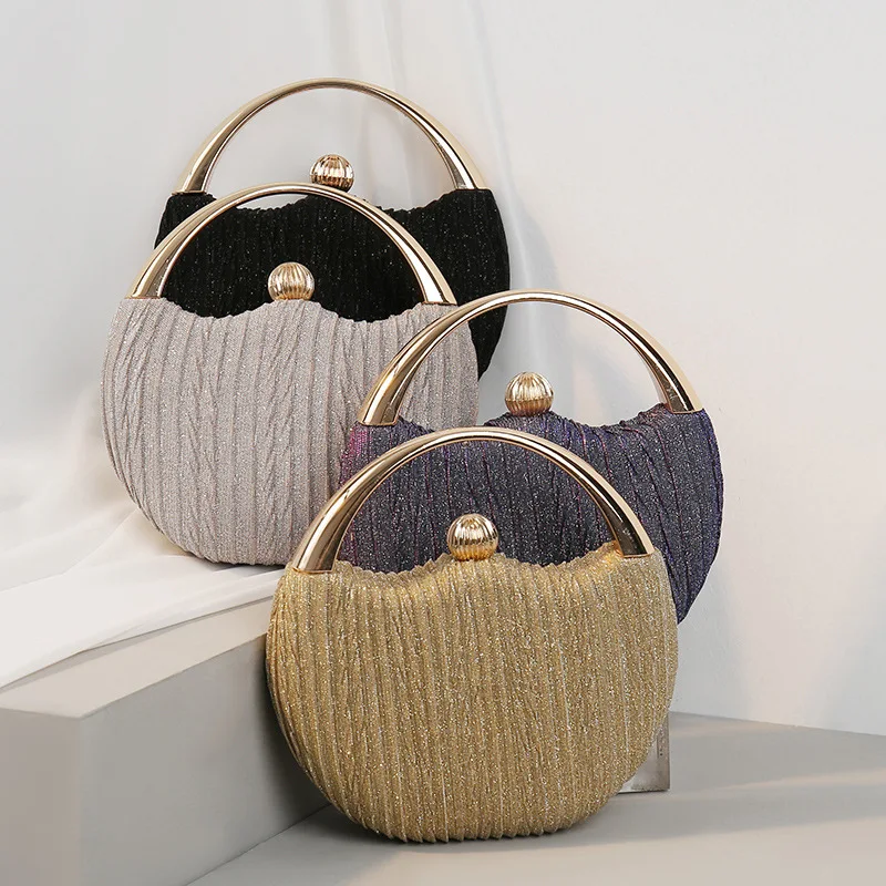 

Hot Selling Golden Evening Clutch Women Bags Wedding Shiny Handbags Bridal Metal Clutch Round Luxury Evening Hand Bag, 4 color or custom color
