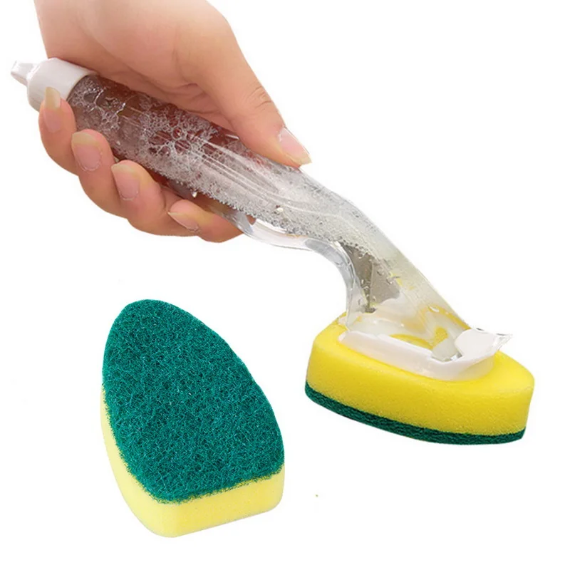 

Soap Dispensing Dish Brush Kitchen Cleaning Sponge Pot Scrubber Cleaner with Non-slip Handle, Transparent/yellow+green