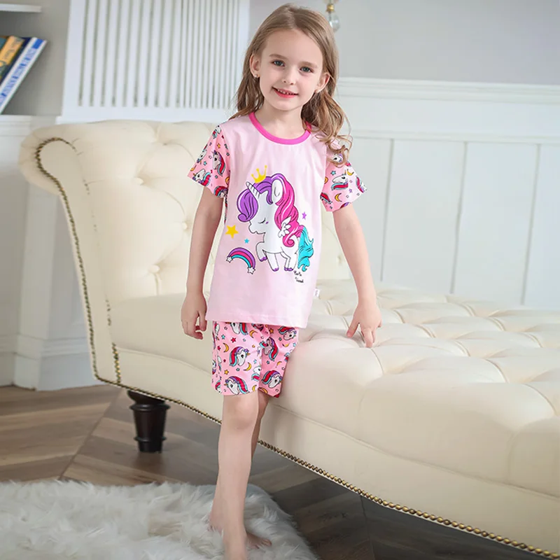 

Modern Cartoon Print O-Neck Knitted Short Sleeve Kid Clothes Cotton Pajama Set Sleepwear