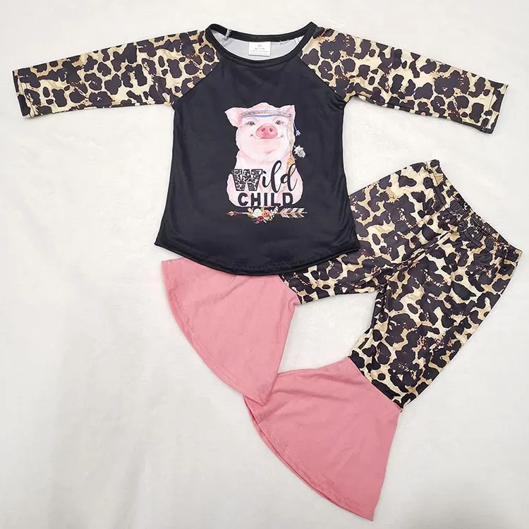 

Children baby girl kids pig pattern leopard long sleeves and bell-bottoms pant fashion cute cartoon outfits clothes clothing, Same as picture