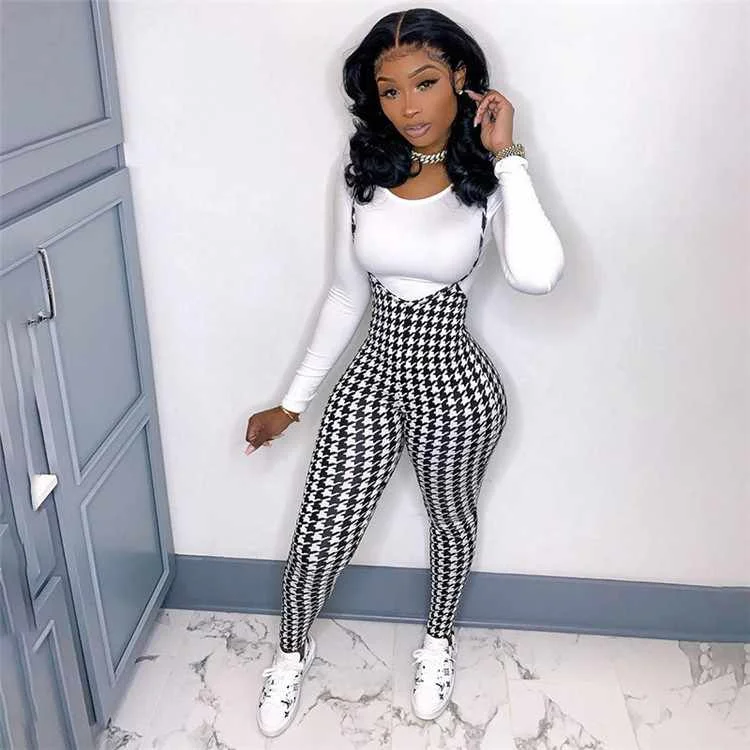 

Women Hip Lifting Sexy Design Plaid Pattern Suspender Pants Trousers, Customized color