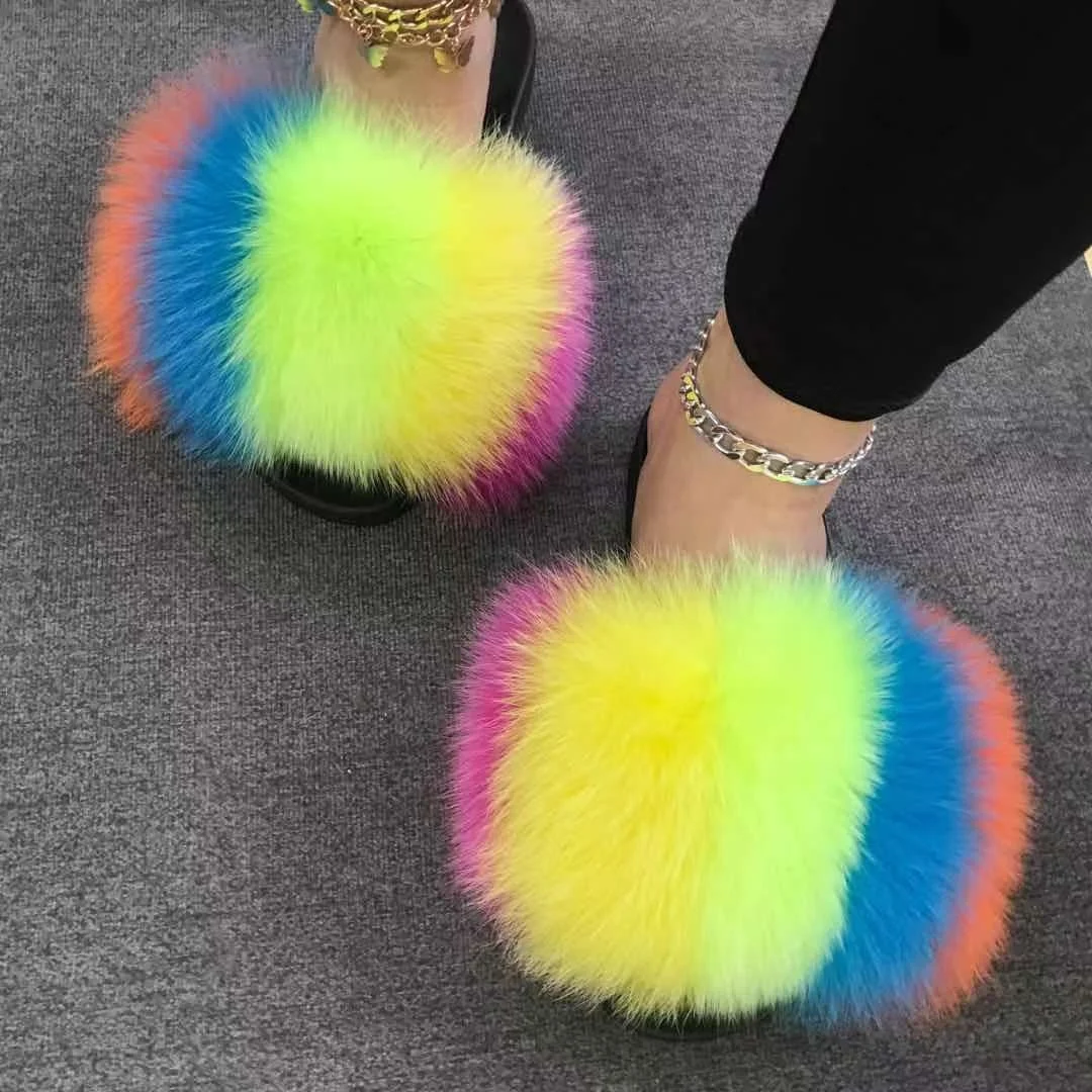 

Quick Shipping Wholesale price real fur slippers flush soft raccoon fur slipper outdoor slider sandals fox fur slides for women, Color matching or can be customized according to requirements